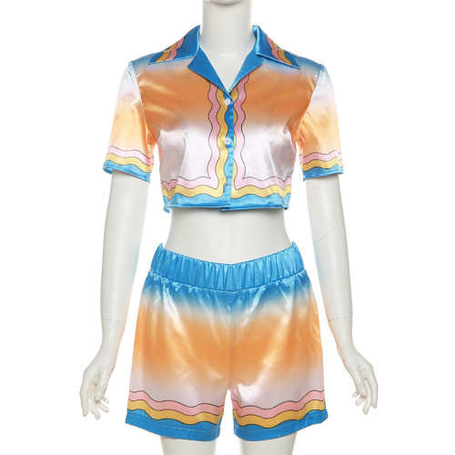 Sexy Polo Collar Contrast Short Sleeve Top High Waist Wrap Hip Shorts Casual Set