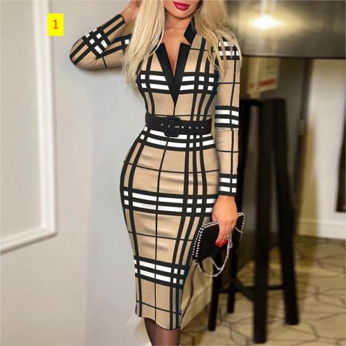 Digital printed plaid long sleeved V-neck high waisted long sleeved dress (with belt included)