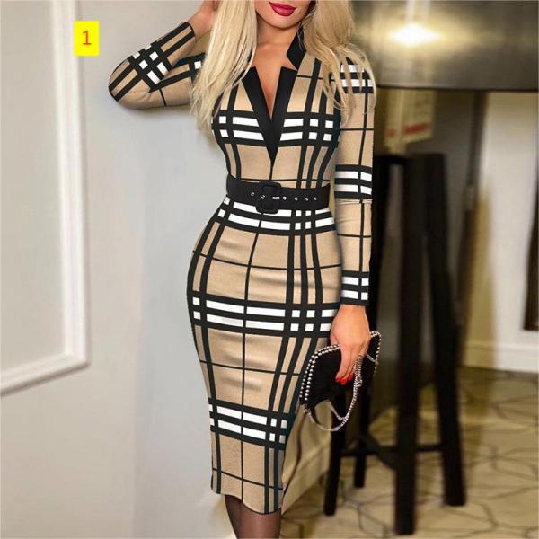 Digital printed plaid long sleeved V-neck high waisted long sleeved dress (with belt included)