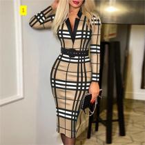 Digital printed plaid long sleeved V-neck high waisted long sleeved dress (with belt included) Digital printed plaid long sleeved V-neck high waisted long sleeved dress (with belt included)
