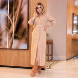 Temperament Polo Long Sleeve Waist Split Long Dress