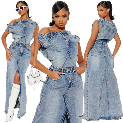 Vintage Denim skirt suit two-piece set