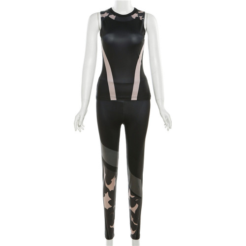 Digital Printing Slim Fit Sleeveless Top High Waist Casual Pants Set