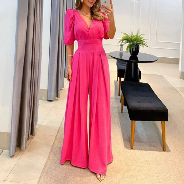 Casual V-neck lace up high waisted bubble short sleeved wide leg jumpsuit