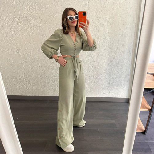 V-neck open waist strap top loose wide leg pants casual two-piece set