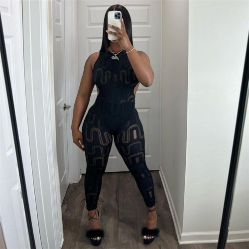 Women's sleeveless hollowed out slim fitting high waisted sports jumpsuit pants