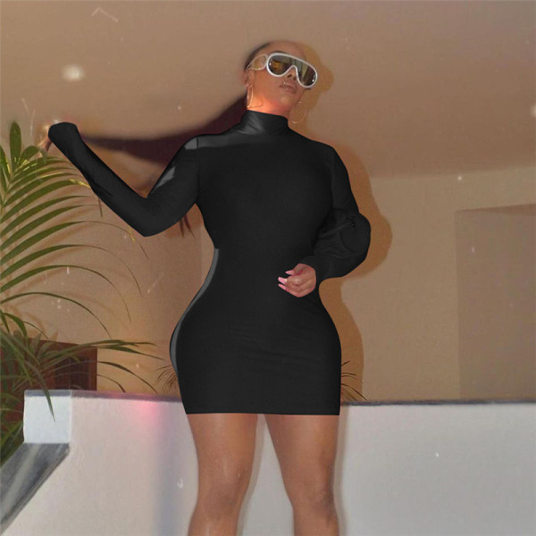 Sexy Casual High Neck Solid Fit Long Sleeve High Waist Wrap Hip Dress