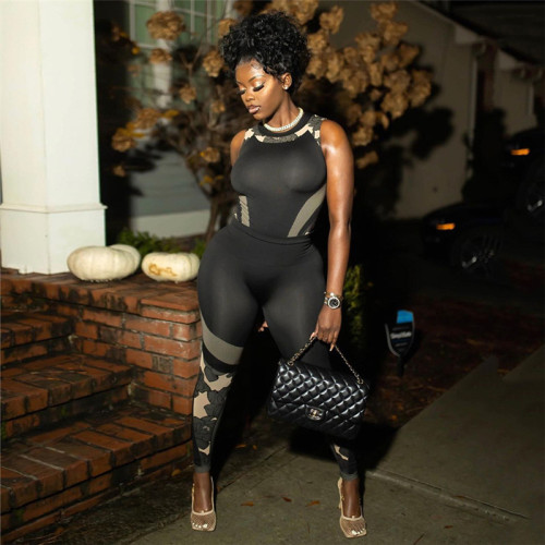 Digital Printing Slim Fit Sleeveless Top High Waist Casual Pants Set