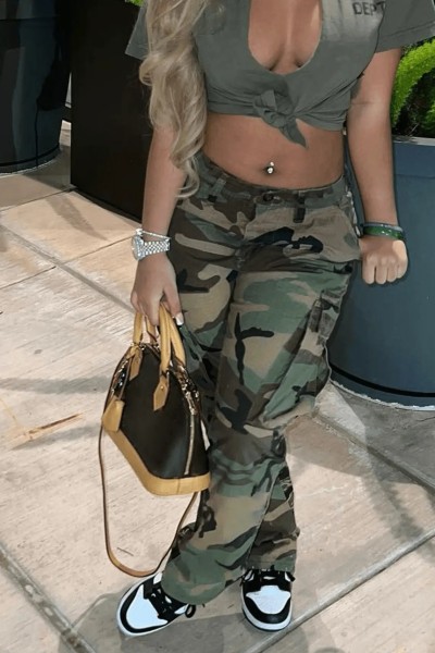 High waist straight tube multicolor camouflage Cargo pants