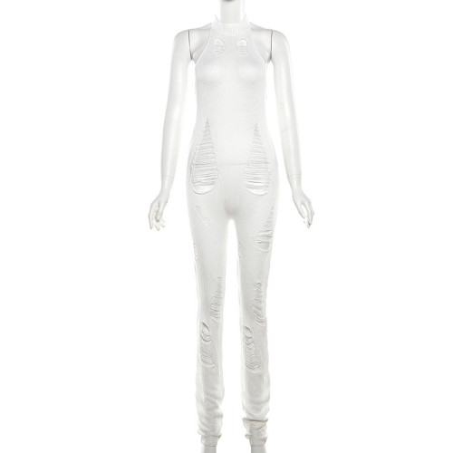 Sexy Sleeveless Knitted Perforated High Neck High Waist Slim Fit Long Jumpsuit