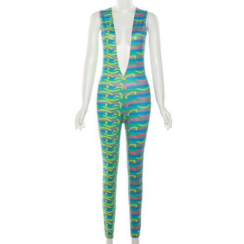 Women's sexy sleeveless low neck printed slim fitting high waisted jumpsuit