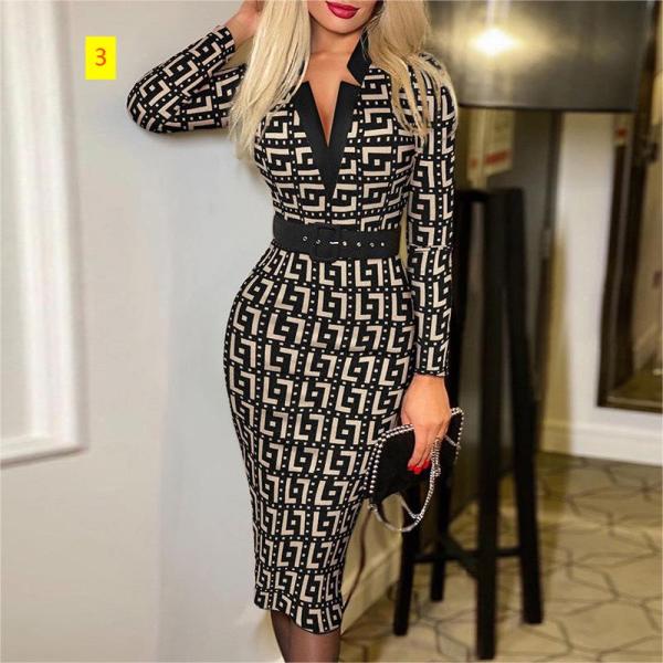 Digital printed plaid long sleeved V-neck high waisted long sleeved dress (with belt included)