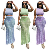 Sexy Mesh Perspective Fashion Printed Half Skirt Three Piece Set