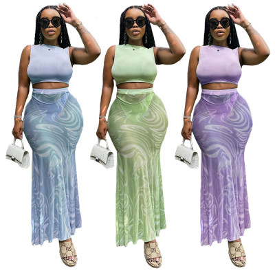 Sexy Mesh Perspective Fashion Printed Half Skirt Three Piece Set