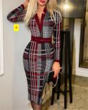 Digital printed plaid long sleeved V-neck high waisted long sleeved dress (with belt included)
