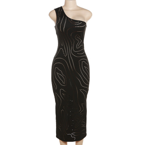 Sexy One Shoulder Sleeveless Hollow out High Waist Slim Fit Long Dress