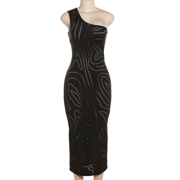 Sexy One Shoulder Sleeveless Hollow out High Waist Slim Fit Long Dress