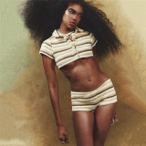 Women's casual knitted striped contrast cardigan top with high waist and buttocks set