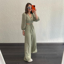 V-neck open waist strap top loose wide leg pants casual two-piece set V-neck open waist strap top loose wide leg pants casual two-piece set