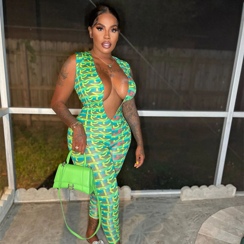 Women's sexy sleeveless low neck printed slim fitting high waisted jumpsuit