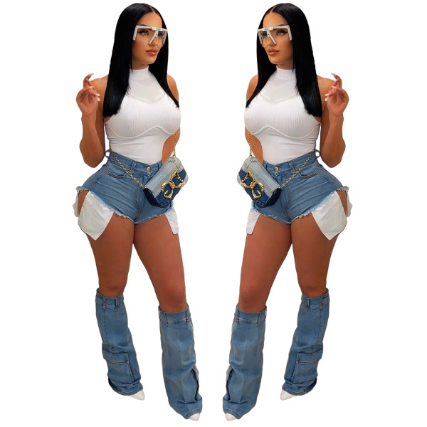 Denim shorts calf cover two-piece set