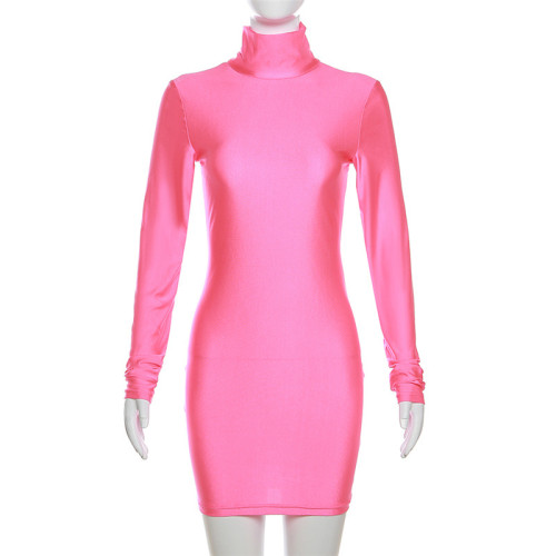 Sexy Casual High Neck Solid Fit Long Sleeve High Waist Wrap Hip Dress