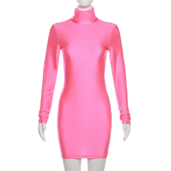 Sexy Casual High Neck Solid Fit Long Sleeve High Waist Wrap Hip Dress