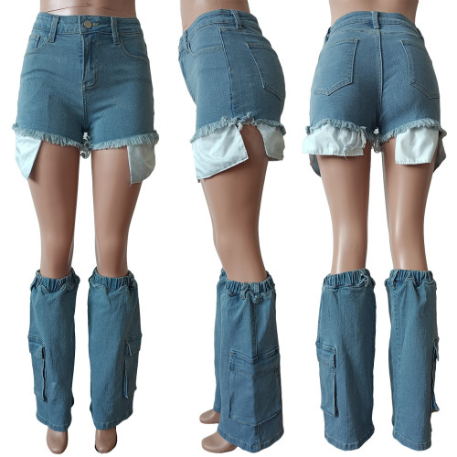Denim shorts calf cover two-piece set