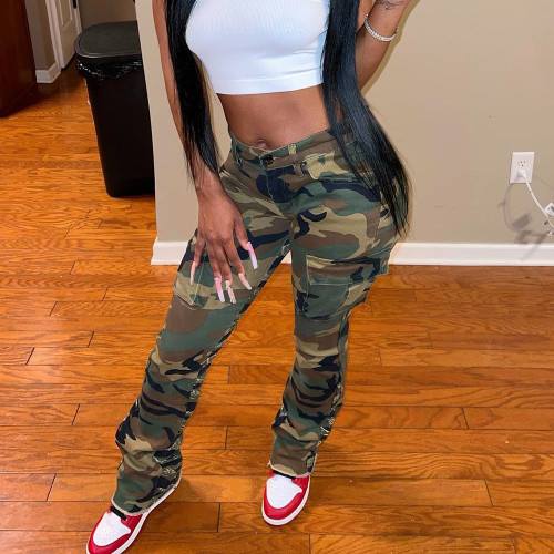 Camouflage sexy slim casual zipper pocket Cargo pants