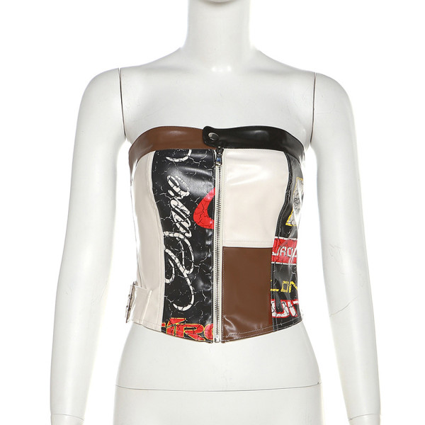 Spliced contrast color street trendsetter slimming casual top