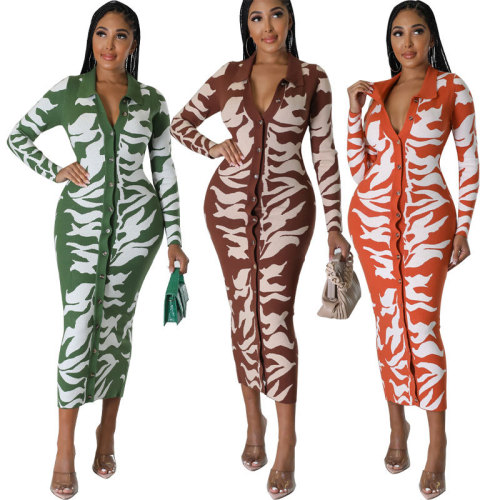 Temperament Women's Long Sleeve Dress Autumn New Printed Skirt