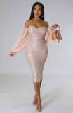 Women's Spicy Girl French Long Sleeve Dress Slim Fit Bead Wrap Hip Skirt Tight and Sexy