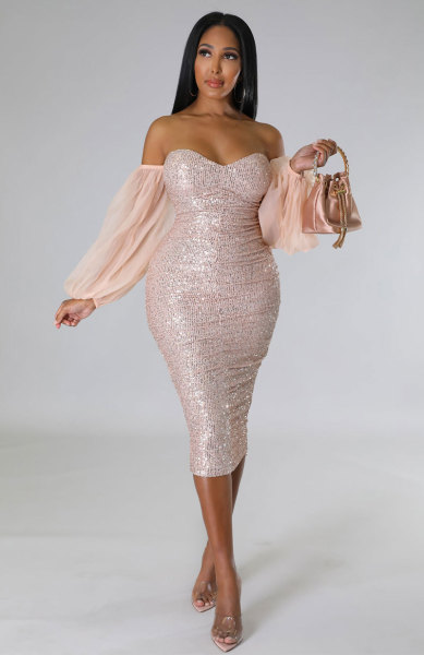 Women's Spicy Girl French Long Sleeve Dress Slim Fit Bead Wrap Hip Skirt Tight and Sexy