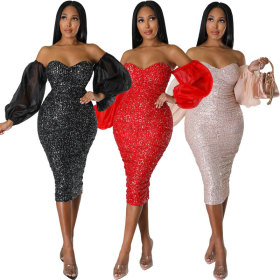 Women's Spicy Girl French Long Sleeve Dress Slim Fit Bead Wrap Hip Skirt Tight and Sexy