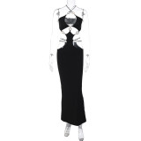 Sexy low cut circular panel hanging neck strap open back slit dress