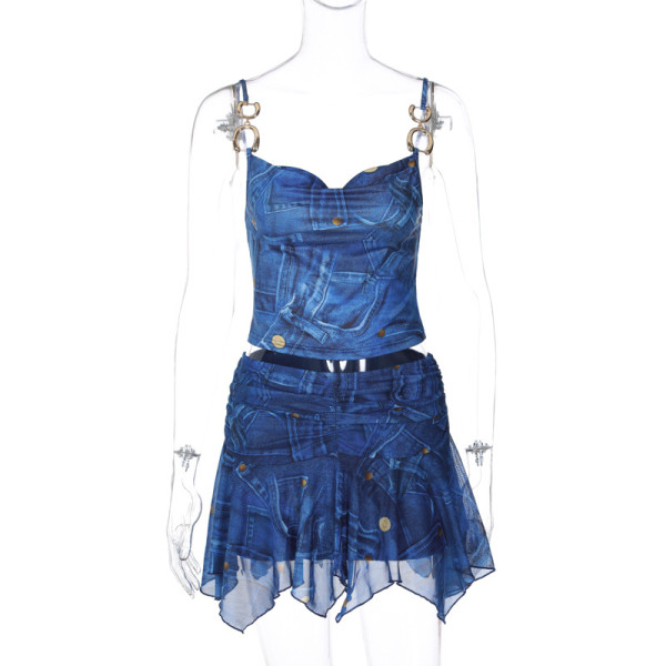 Denim print pattern sexy V-neck strap small vest half skirt two-piece set