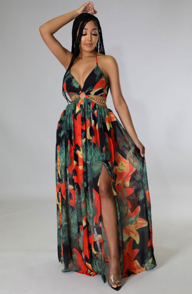 Women's floral dress dress large slightly fat medium long Slip dress French printed dress