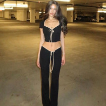 Fashion Square Neck Open Umbilical T-shirt Top Lace up Tight Micro Flap Pants Two Piece Set Fashion Square Neck Open Umbilical T-shirt Top Lace up Tight Micro Flap Pants Two Piece Set