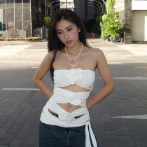 Women's sexy wrap chest collar with three-dimensional flower decoration, hollowed out straps, small tank top