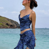 Denim print pattern sexy V-neck strap small vest half skirt two-piece set