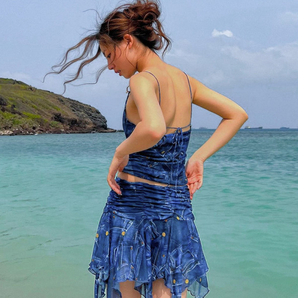 Denim print pattern sexy V-neck strap small vest half skirt two-piece set