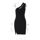 Personalized Pin Oblique Shoulder Sleeveless Sexy Tight Split Dress