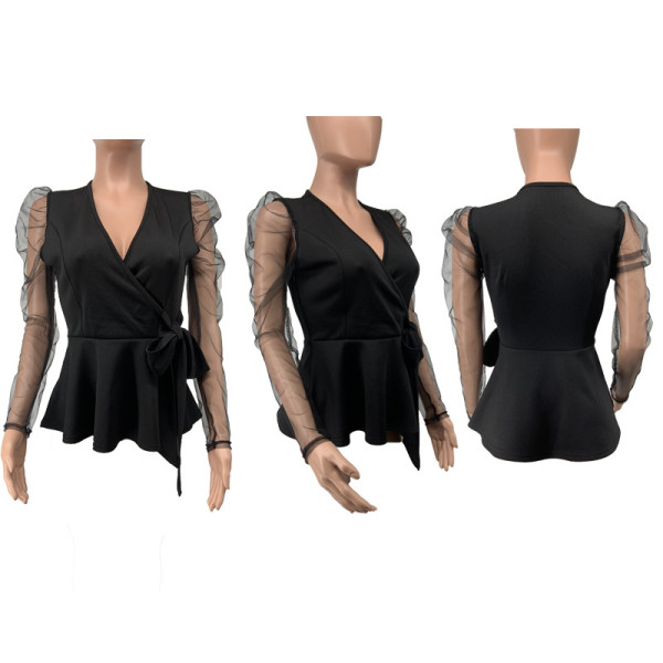 Women's patchwork ruffle sexy V-neck solid color top
