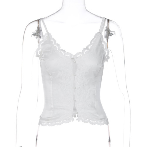 Lace lace sexy V-neck cardigan with buckle and strap small tank top
