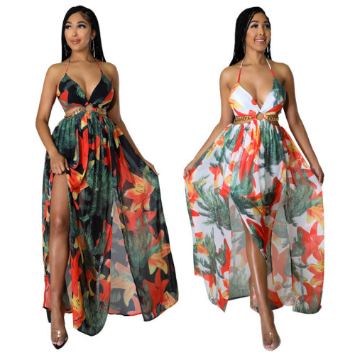 Women's floral dress dress large slightly fat medium long Slip dress French printed dress