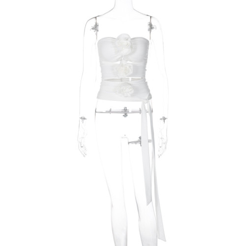 Women's sexy wrap chest collar with three-dimensional flower decoration, hollowed out straps, small tank top