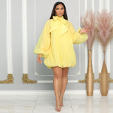 Women's bow decorated bubble sleeved loose chiffon dress with lining