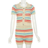 Fashionable lapel breasted short sleeved striped high waisted tight shorts knit set