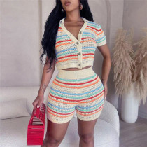 Fashionable lapel breasted short sleeved striped high waisted tight shorts knit set Fashionable lapel breasted short sleeved striped high waisted tight shorts knit set