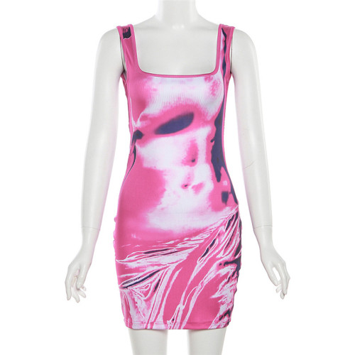 Fashionable and Personalized 3D Human Body Print Open Back Sexy Spicy Girl Slim Fit Wrap Hip Dress